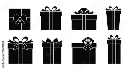 Collection of black silhouette gift boxes with decorative ribbon bows
