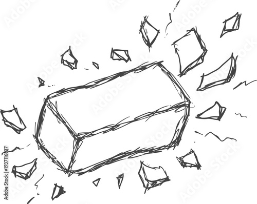 cracked brick with flying debris line sketch broken masonry element with scattered fragments hand drawn construction damage illustration