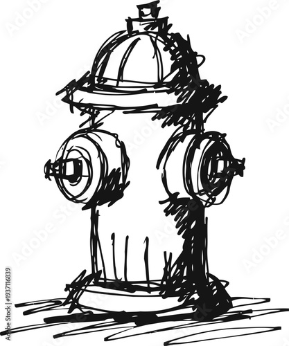 Hand drawn fire hydrant sketch in black ink with rough and dynamic lines on white background