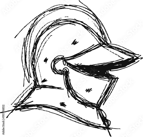 Hand drawn medieval knight helmet sketch with visor and plume in black ink on white background