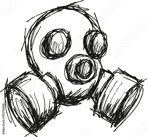 Hand drawn gas mask sketch with filters, protective respirator outline, safety equipment doodle