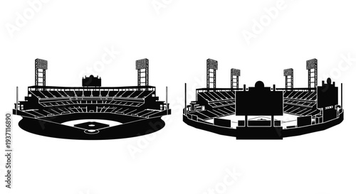 Black and white silhouette of a baseball stadium duplicated for symmetry