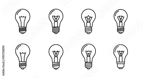 A collection of simple black and white lightbulb line icons arranged in two rows