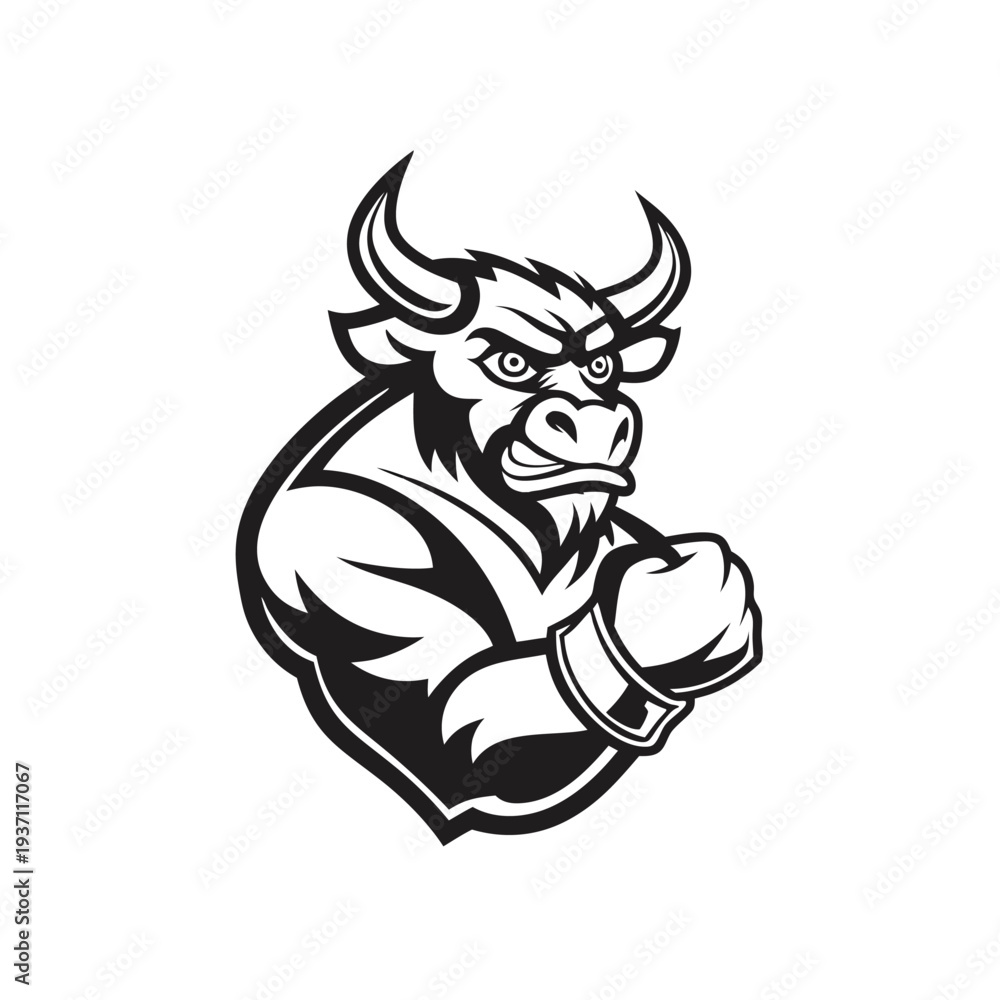 Obraz premium The muscular bull character stares intensely, adorned with stars and surrounded by sparkling accents