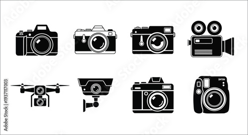Collection of black and white camera and video recording device icons