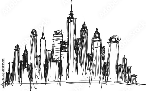 Modern city skyline sketch with tall buildings and urban architecture outline drawing