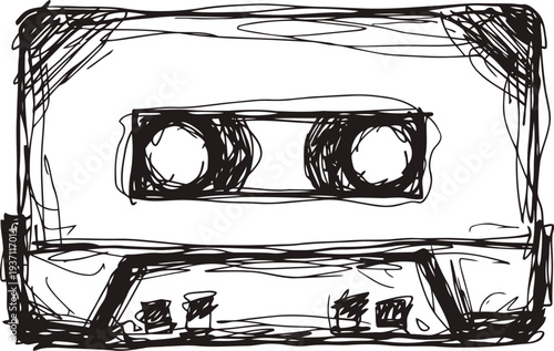 Vintage cassette tape sketch hand drawn retro audio music player doodle in black ink