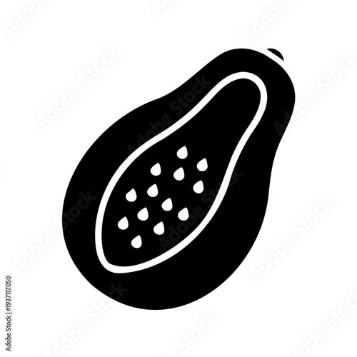 Stylized monochrome illustration of a halved papaya with seeds on white background