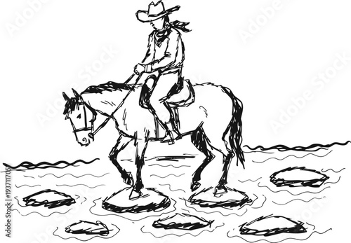 Cowboy riding horse crossing river on stepping stones western rural landscape, adventure and exploration concept drawing