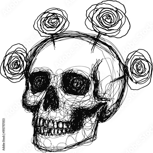 skull with roses growing from it hand drawn sketch artistic dark macabre floral concept