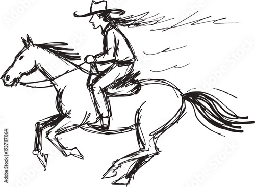 Cowboy riding galloping horse fast with hat and flowing hair sketch drawing