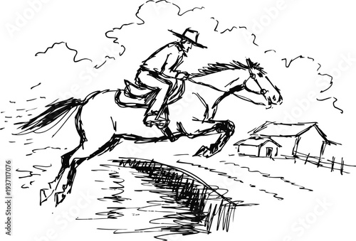 Cowboy horseback riding jumping over a wooden fence near rural farm buildings black and white sketch
