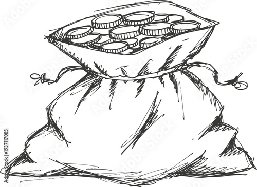 Money bag filled with stacked coins tied with strings hand drawn sketch, savings and wealth concept illustration