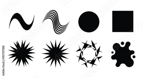 Abstract black shapes and forms arranged in a grid pattern