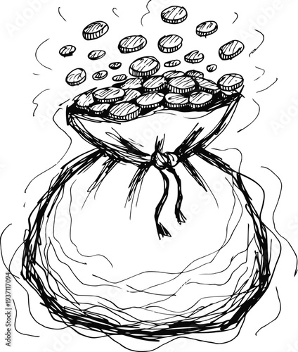 Hand drawn money bag filled with coins spilling out, black ink sketch of wealth and savings concept