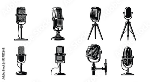 Collection of vintage microphones in black and white illustrations