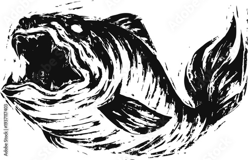 Aggressive fish illustration with open mouth and detailed fins in black and white ink