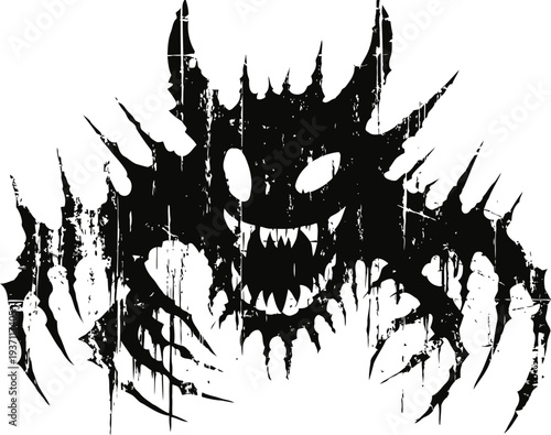 Scary black monster silhouette with sharp teeth and claws, horror creature illustration