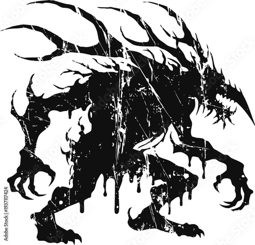dark silhouette of monstrous creature with sharp claws and twisted horns in horror