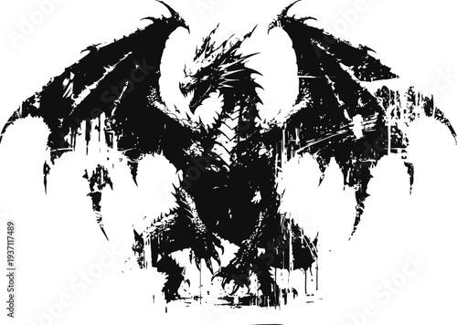 Dark grunge dragon silhouette with spread wings and sharp claws, fierce mythical creature design