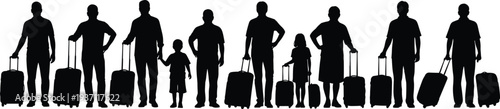 Silhouettes of people with luggage on a white background travel suitcase
