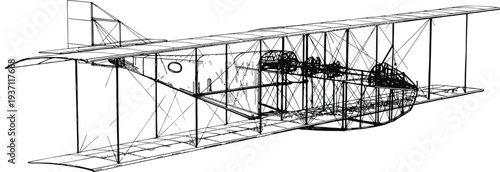 Vintage Engraving Of Early Biplane Aircraft Featuring Detailed Line Art Technical Sketch For Aviation History Flight Engineering And Antique Aerospace Transportation Design Projects