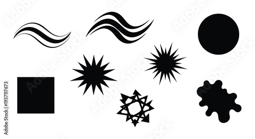 Abstract black shapes and forms arranged in a grid pattern