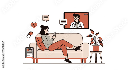 Woman having online medical consultation on couch with doctor on screen
