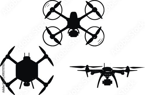 Drone quadcopter silhouette set with aerial camera UAV aircraft, modern unmanned flying technology vector illustration isolated collection
