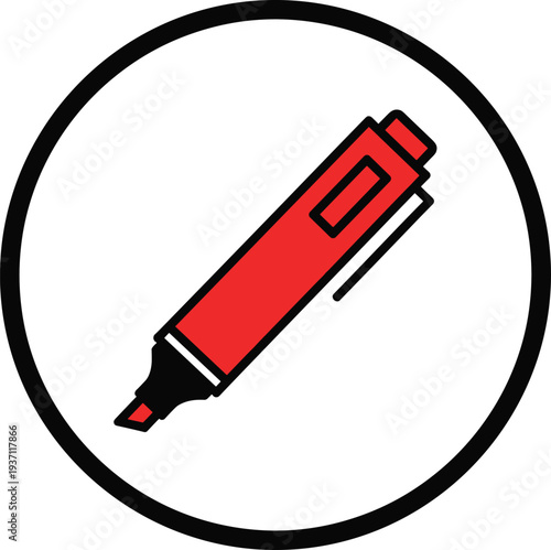 Red highlighter marker icon inside circle minimal flat vector illustration for studying note taking office stationery and text highlighting design