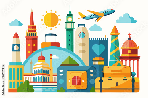 A cheerful and vibrant cartoon illustration displays a bustling international travel scene with colorful landmarks, an airplane, camera, and suitcases, representing global exploration.