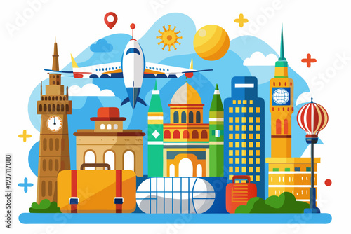 A vibrant cartoon illustration depicts a global travel scene with iconic landmarks, diverse buildings, an airplane, and a suitcase, symbolizing an exciting holiday adventure.