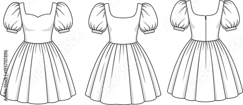 Three White Dresses with Puffed Sleeves and Pleated Skirts in Different Views fashion