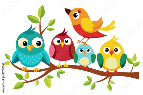 A joyful group of five brightly colored cartoon birds, featuring various sizes and vibrant hues, are happily perched on a lush green branch, creating a playful and cheerful illustration.