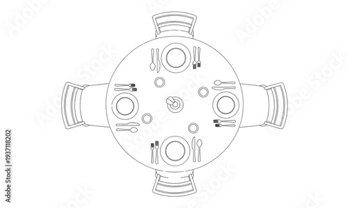 Round Dining Table for Four CAD Block: Top View 2D Layout with Chairs and Place Settings for Architectural Interior Design