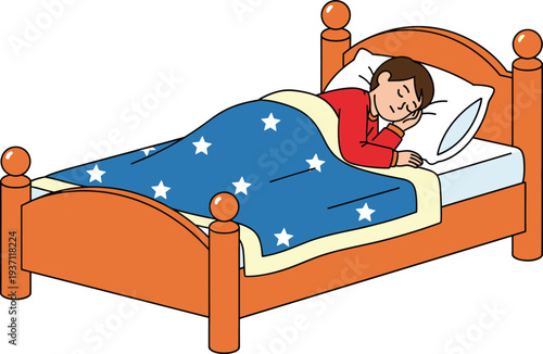 Young boy sleeping peacefully in wooden bed with star pattern blue blanket representing bedtime routine childhood rest and dreaming