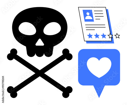 Skull and bones signify danger, paired with a rating profile and heart representing evaluation, love, risks. Ideal for themes thumbs up trust, decision-making, reputation, ethics, safety