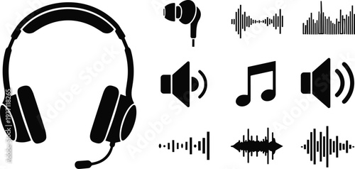 Audio sound silhouette icons, headset and speaker vector illustration, music note design elements, digital sound wave graphics, creative stock collection