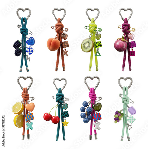 Joyful collection of colorful knotted cord keychains with realistic fruit miniatures, heart accents and playful geometric charms