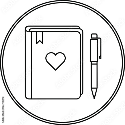 Love journal notebook with heart and pen icon minimal flat vector illustration for personal diary writing stationery and romantic notes design