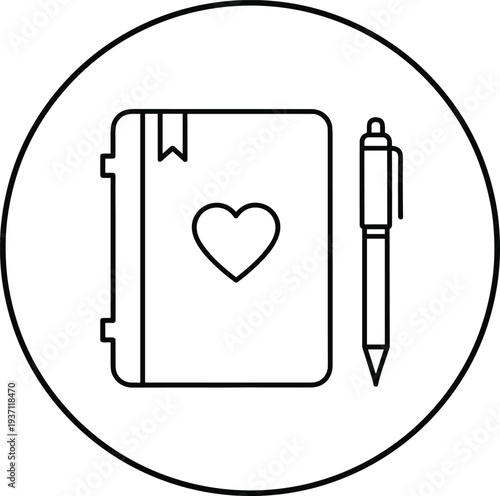 Diary journal with heart and pen icon minimal flat vector illustration for love notes personal writing and stationery design