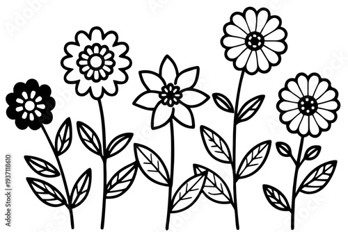 A straightforward black and white outline illustration showcases five simple, stylized flowers of varying shapes, each complete with stems and leaves, making it ideal for coloring pages.