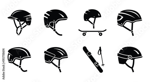 Collection of black and white helmet icons for various sports activities