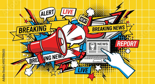 Breaking news alert with megaphone and newspaper.