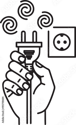 Hand holding electric plug near wall socket line icon isolated. Concept for power connection, energy consumption, unplugging electricity and technology charging process