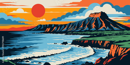 Diamond Head Volcanic Crater Sunrise Panorama – USA | United States Hawaii Ocean Overlook, Golden Horizon & Iconic Oahu Landmark