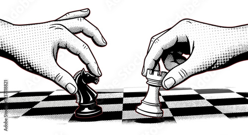 Two hands playing chess with black and white pawns.