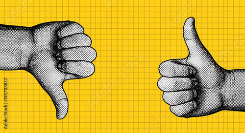 Two hands showing thumbs up and thumbs down gestures on a yellow background.
