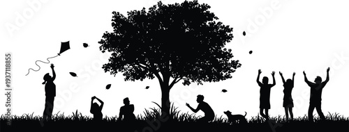 Children and adults outdoor silhouettes under tree, family leisure activities, kite flying, pet interaction, joyful community lifestyle, nature relaxation design