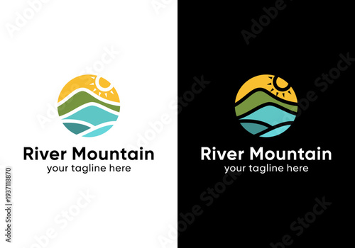 Creative simple mountain hill logo template. Mountain hill peak with circle shape. Landscape logo design vector illustration. Creative water, land, mountain and sun logo.